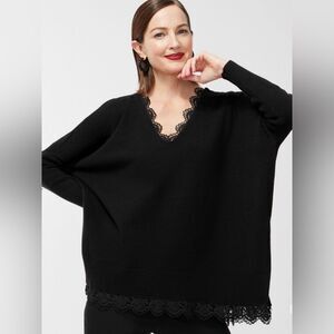 Chico’s Faux Leather Lace Trim Poncho Size S/M Fit Elbow Sleeve Color Black